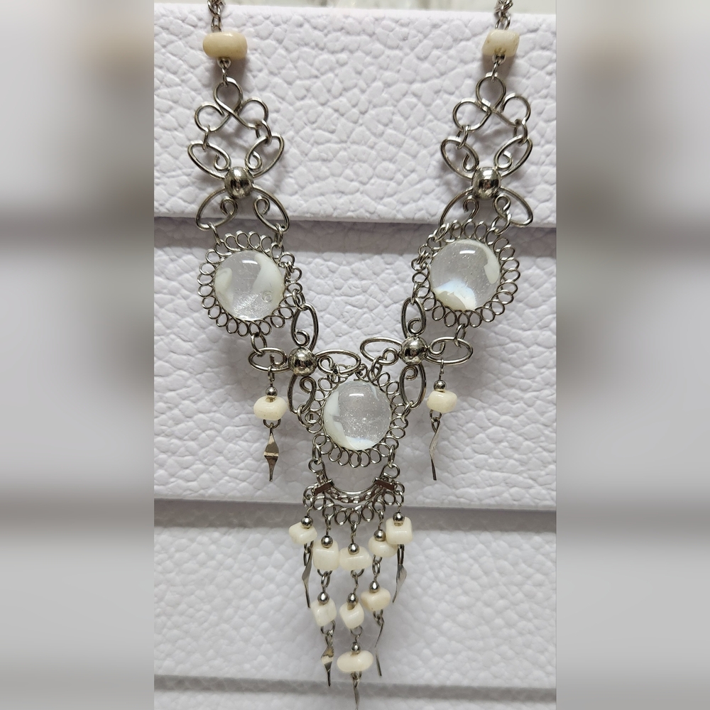 Silver Glass and Stone Beads Wire Flower Chandelier Necklace/Earring Set NWOT